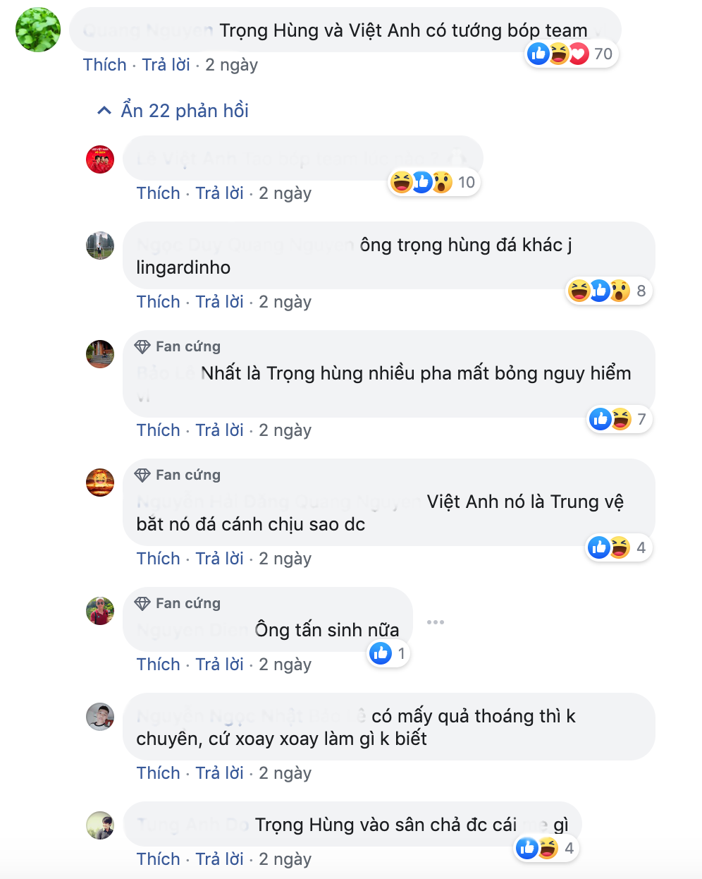 Trọng Hùng cũng là cầu thủ bị cộng đồng mạng la ó vì những lần để mất bóng không đâu. Theo nhiều người, với hàng phòng ngự như trận gặp U23 UAE vừa qua thì U23 Việt Nam sẽ sớm "toang".