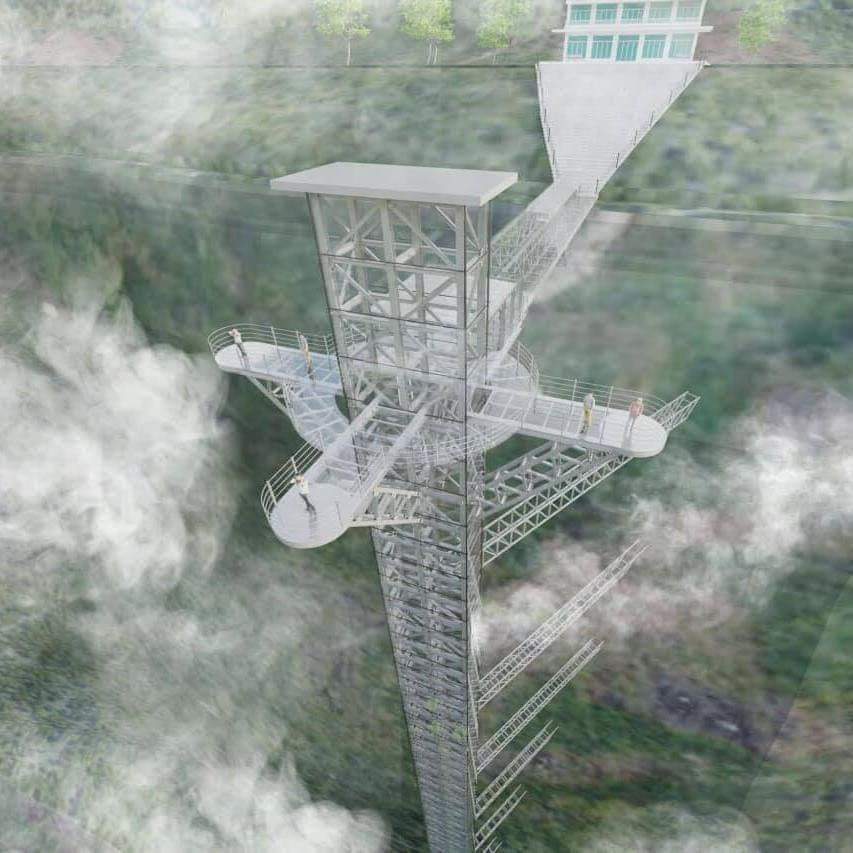 Hệ thống thang máy này nằm ở độ cao 2.000m so với mực nước biển, đảm bảo tầm nhìn bao quát cảnh thiên nhiên hùng vĩ của núi rừng và vực sâu hun hút phía dưới. Ảnh: rongmay.vn.