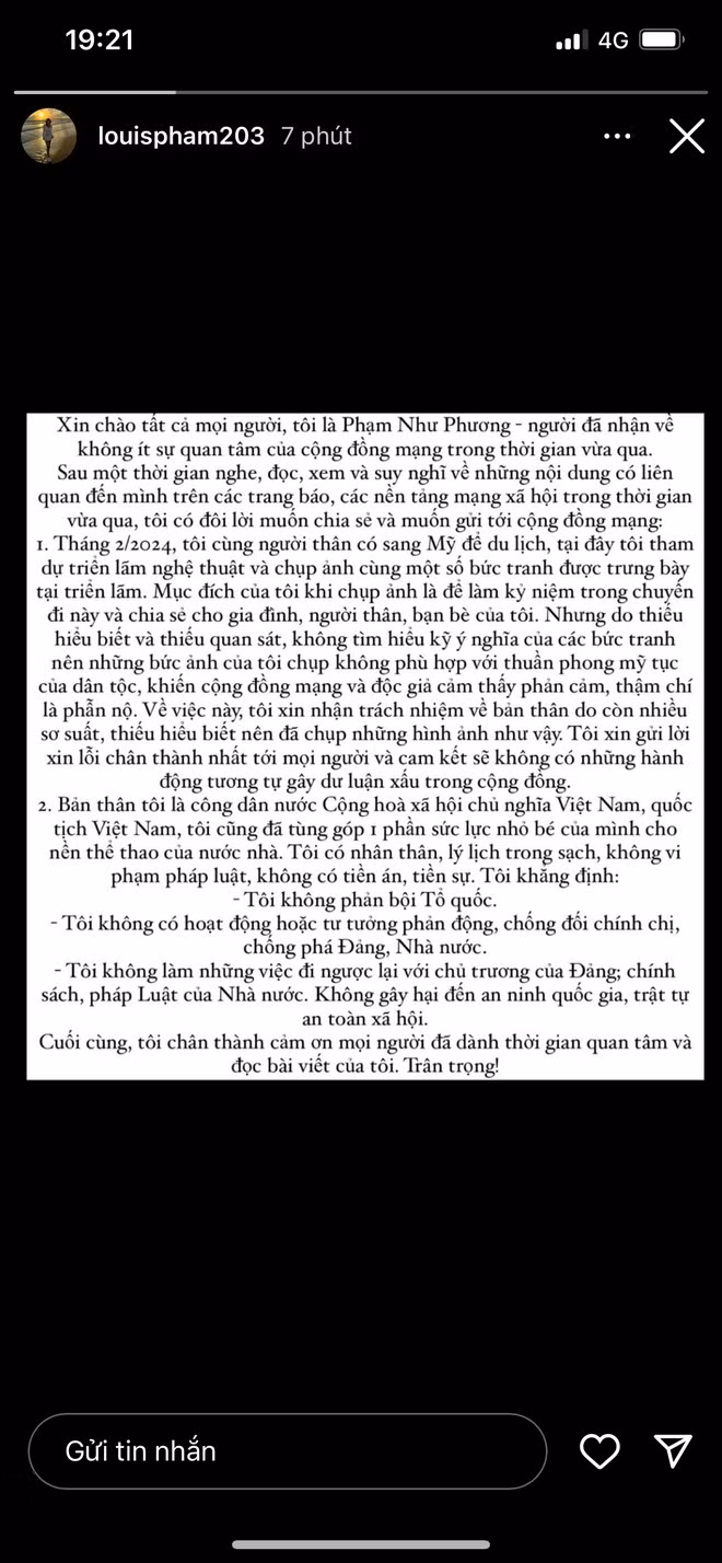 Mới đây, trên trang cá nhân Louis Phạm đã chính thức lên tiếng sau một thời gian dài giữ im lặng trước loạt drama. Theo đó, Như Phương giải thích cụ thể về bức ảnh được lan truyền khi cô chụp ở Mỹ, cùng gia đình bạn trai, bên cạnh những bức vẽ có chứa hình ảnh nhạy cảm về quốc kỳ Việt Nam.