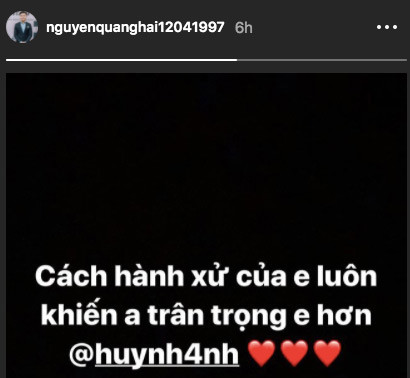 Mới đây, cầu thủ Quang Hải không ngần ngại khen ngợi bạn gái trên trang cá nhân khiến nhiều người ghen tỵ: "Cách hành xử của em luôn khiến anh trân trọng em hơn".