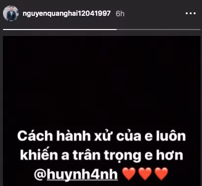 Mới đây, cầu thủ Quang Hải không ngần ngại khen ngợi bạn gái trên trang cá nhân khiến nhiều người ghen tỵ: "Cách hành xử của em luôn khiến anh trân trọng em hơn".