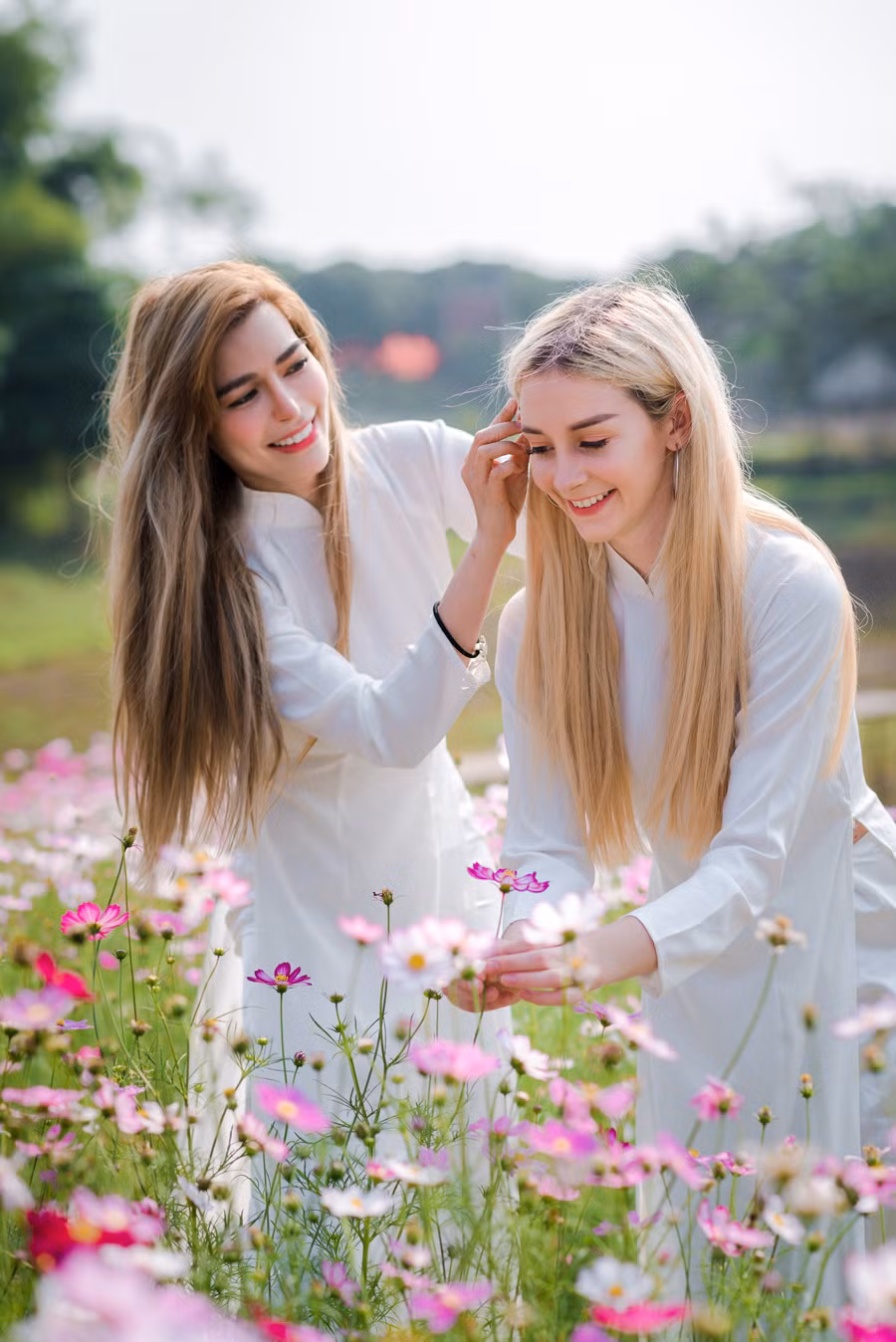 2 cô gái duyên dáng, mái tóc xõa dài trong tà áo dài trắng tinh khôi