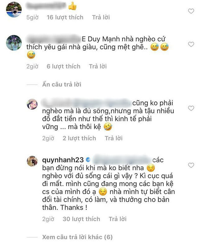 Bênh vực chồng, nhiều lần Quỳnh Anh không ngần ngại đáp trả dân mạng gay gắt. Nàng WAGs cho biết cô và bạn trai cầu thủ tự biết cân bằng chi tiêu, có làm thì có thưởng.