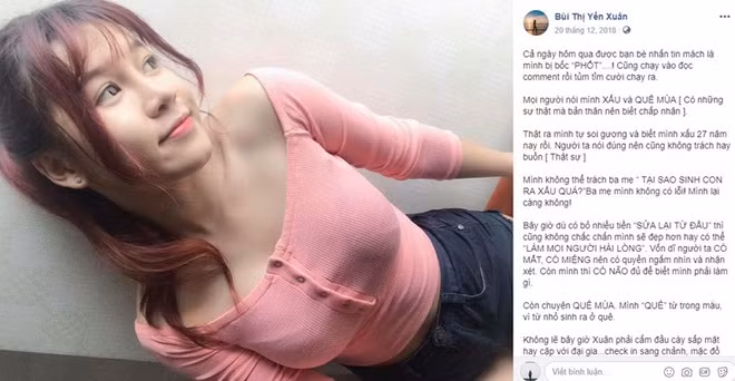 "Hot girl phòng gym" Yến Xuân, bạn gái Đặng Văn Lâm cũng từng bị nhận xét là quê mùa và xấu. Thế nhưng cô nàng dường như chẳng mấy bận tâm mà thẳng thắn thừa nhận mình không được xinh đẹp và sinh ra ở quê nên việc "phèn" là bình thường.