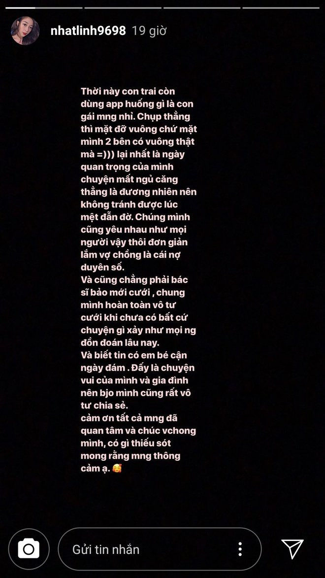 Ngay tối hôm đó, "hot girl mầm non" đã lên tiếng thừa nhận mặt mình bị vuông và việc chỉnh sửa ảnh thì ai cũng làm chẳng riêng gì cố. Hơn nữa do căng thẳng trước đám cưới nên không tránh khỏi nhan sắc đi xuống.