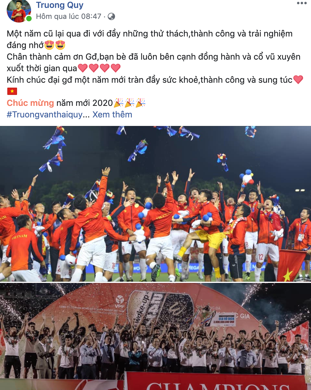Thái Quý gửi lời chúc mừng năm mới trên trang cá nhân khi vừa sang Thái Lan dự VCK U23 Châu Á 2020.