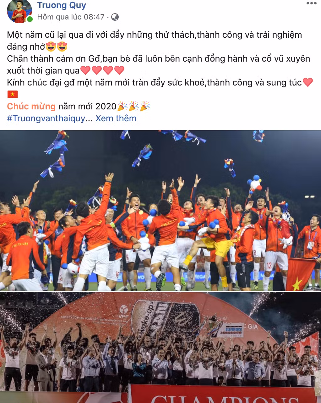 Thái Quý gửi lời chúc mừng năm mới trên trang cá nhân khi vừa sang Thái Lan dự VCK U23 Châu Á 2020.