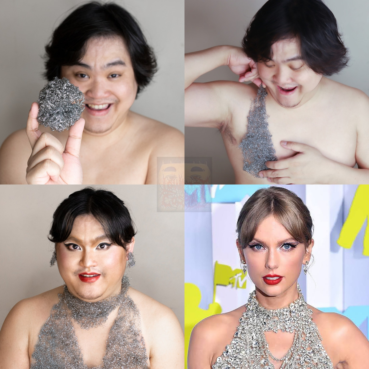 Anucha thường sử dụng các chất liệu đơn giản, dễ kiếm trong cuộc sống thường ngày như bìa các tông, bút lông, băng dính, giấy,…và chính cơ thể mình để cho ra đời những màn cosplay siêu lầy lội, điển hình là màn hóa thân thành Taylor Swift.