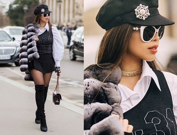 Tiên Nguyễn không chỉ tạo được sức hút khi xách túi mẫu túi da cá sấu Chanel phiên bản giới hạn gần 938 triệu đồng mà còn cá tính với bộ mắt kính, mũ và vòng choker cùng thương hiệu.