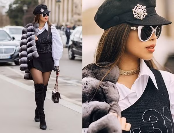 Tiên Nguyễn không chỉ tạo được sức hút khi xách túi mẫu túi da cá sấu Chanel phiên bản giới hạn gần 938 triệu đồng mà còn cá tính với bộ mắt kính, mũ và vòng choker cùng thương hiệu.