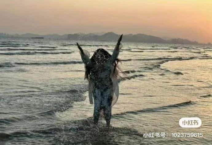 Tưởng là bức ảnh vui vẻ đùa giỡn với biển khơi nhưng không, đây phải gọi là "quái vật biển lên cạn" mới đúng.