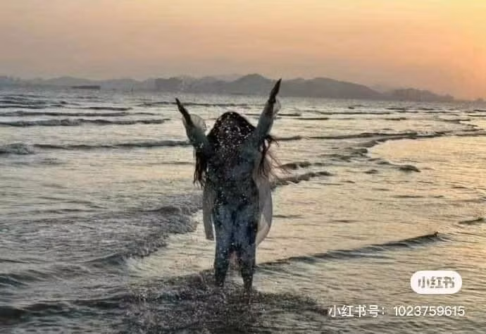 Tưởng là bức ảnh vui vẻ đùa giỡn với biển khơi nhưng không, đây phải gọi là "quái vật biển lên cạn" mới đúng.