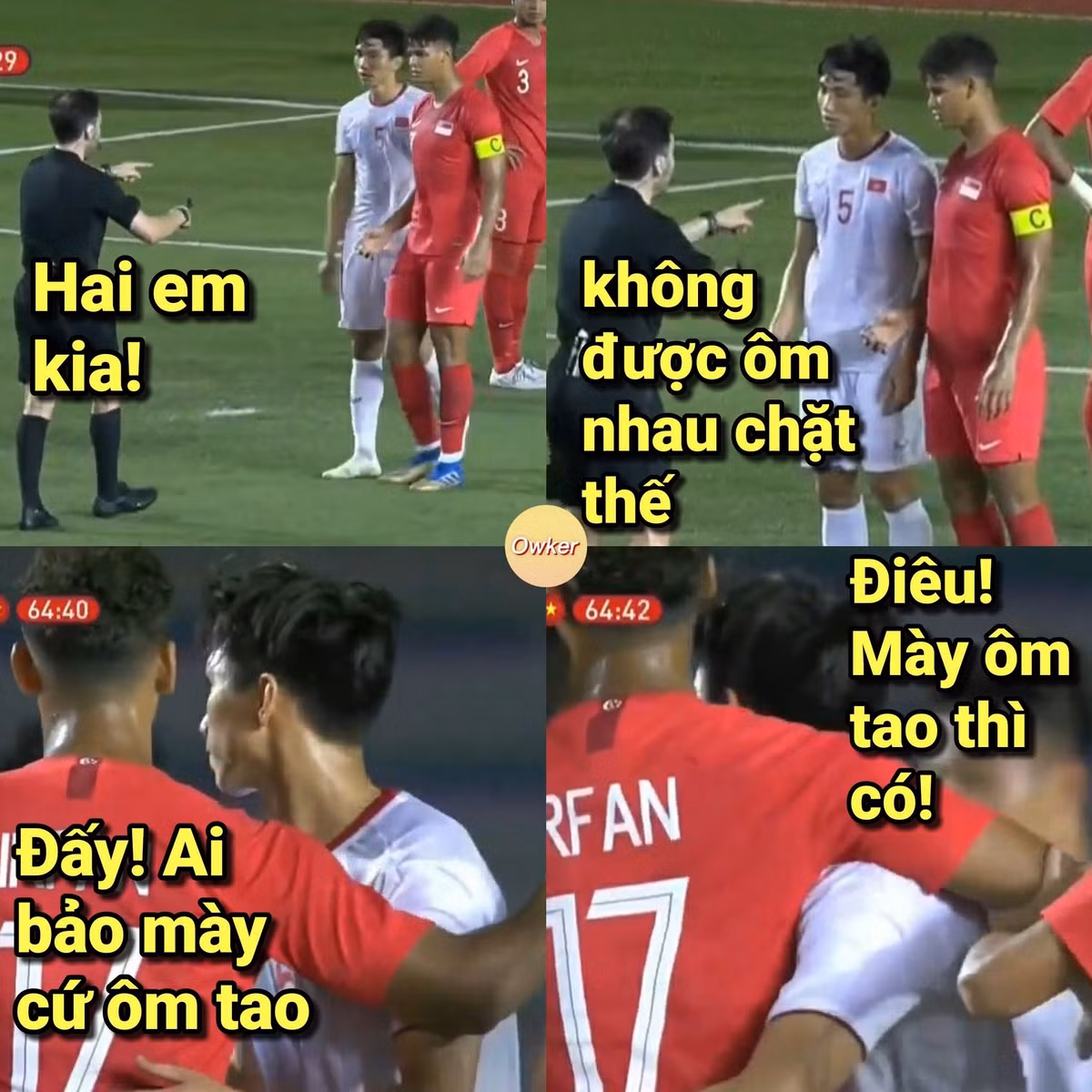 Thể hiện tình bạn hữu, ôm ấp nhau một chút thôi mà trọng tài cũng gọi Văn Hậu và đội trưởng U22 Singapore ra nhắc nhở.