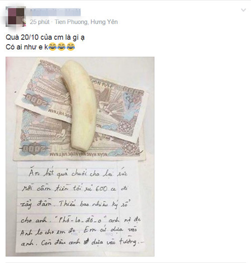 Nhìn những dòng chữ đầy "yêu thương" của ông chồng cùng số tiền và chuối khiến CĐM phì cười.