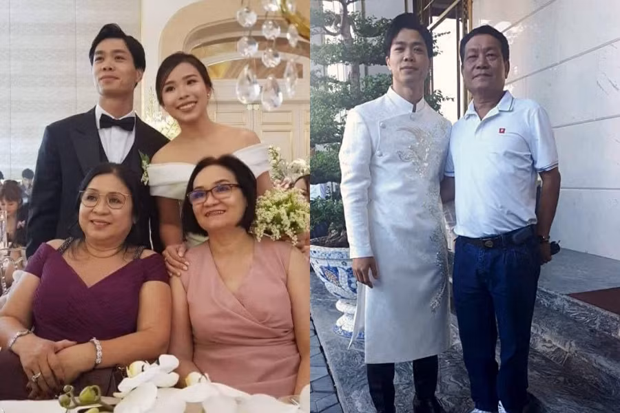 Trong ngày trọng đại, Công Phượng trông cực bảnh bao với vest đen, sơ mi trắng và đeo nơ. Còn cô dâu Viên Minh rạng rỡ trong váy cưới sánh đôi cùng chồng và hai bên gia đình.