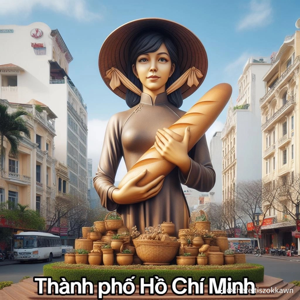 Thành phố Hồ Chí Minh hoa lệ được AI lựa chọn hình ảnh người phụ nữ mặc áo dài ôm chiếc bánh mì làm chủ đạo, ở dưới là đặc sản của các vùng miền khác nhau.