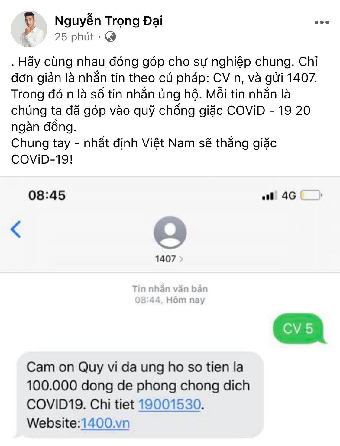 Trên fanpage của CLB Viettel cũng chia sẻ hình ảnh toàn bộ cầu thủ, ban huấn luyện của đội đều nhắn tin quyên góp phòng dịch COVID-19. Nhiều cầu thủ cũng chia sẻ cú pháp này lên Facebook cá nhân để kêu gọi người hâm mộ cùng chung tay góp sức.
