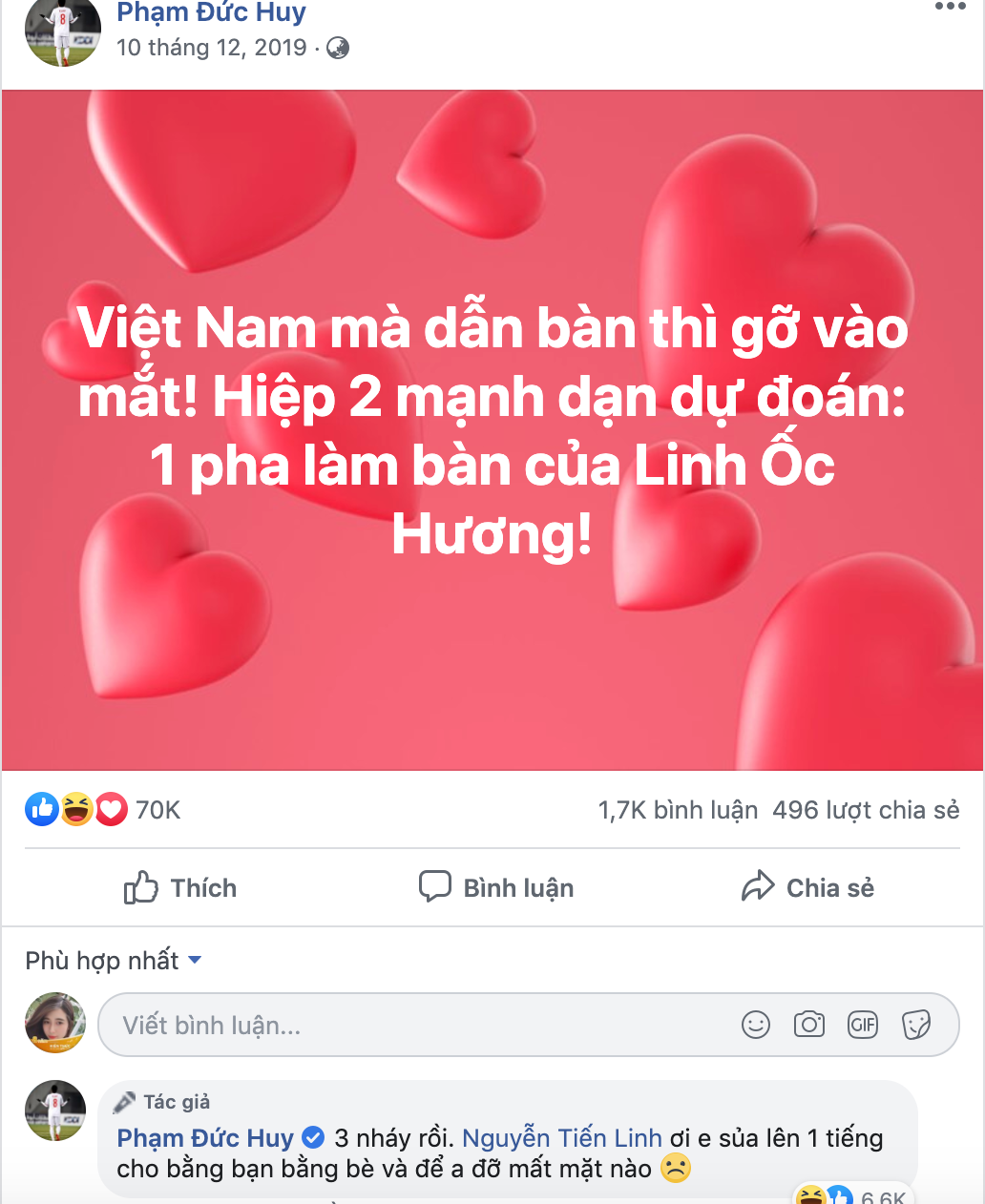 Theo Đức Huy, sở dĩ gọi là "Linh ốc hương" bởi anh chàng cực kỳ thích ăn ốc hương nước. "hoàng tử" còn khuyên người hâm mộ thay vì rụng trứng thì nên rụng ốc hương cho Tiến Linh ăn. Ghi tổng cộng 7 bàn tại SEA Games 30, cầu thủ khoác áo CLB Becamex Bình Dương được đàn anh Đức Huy hứa sẽ cho ăn ốc đến khi nào chán thì thôi.