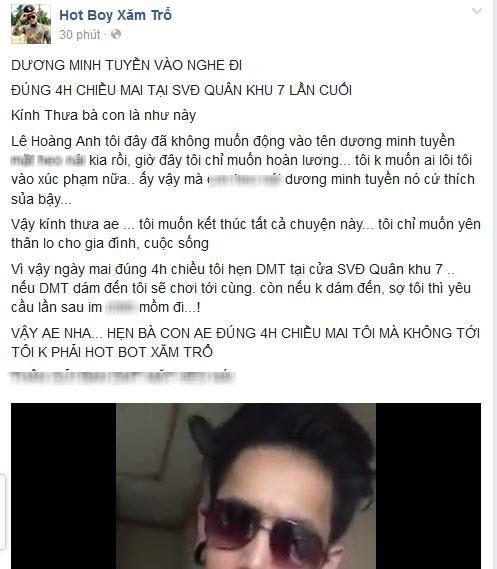 Vì quá bức xúc khi xem clip cậu bé tự xưng đệ tử thánh chửi Dương Minh Tuyền xúc phạm mình, hot boy xăm trổ bất ngờ đăng status hẹn gặp gã giang hồ mạng đất Bắc để giải quyết ân oán.