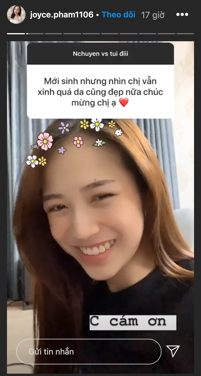 Làn da của Joyce Phạm vẫn vô cùng nuột nà, trắng mướt, không hề bị nổi mụn hay ửng đỏ sau sinh.