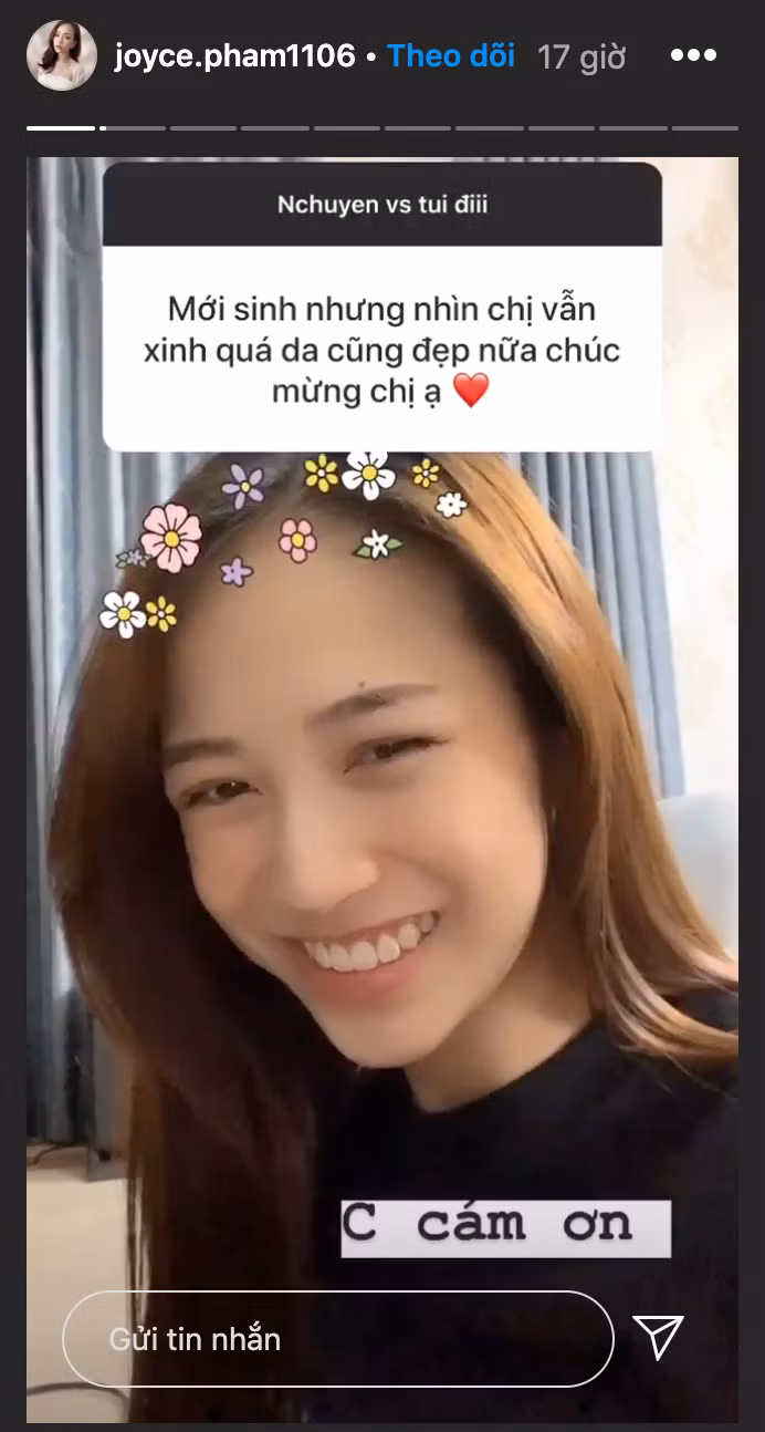 Làn da của Joyce Phạm vẫn vô cùng nuột nà, trắng mướt, không hề bị nổi mụn hay ửng đỏ sau sinh.