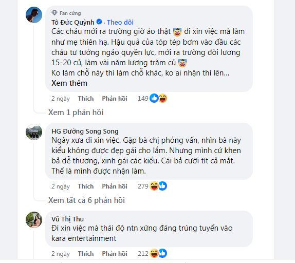 Ở phần bình luận, rất nhiều người đã bày tỏ sự bất bình với thái độ của cô gái xin việc. Hầu hết mọi người cho rằng ở cương vị là người đi tìm việc, chưa có kinh nghiệm thì nên cất bớt cái tôi của mình, chớ giữ thái độ "bố đời" với nhà tuyển dụng.