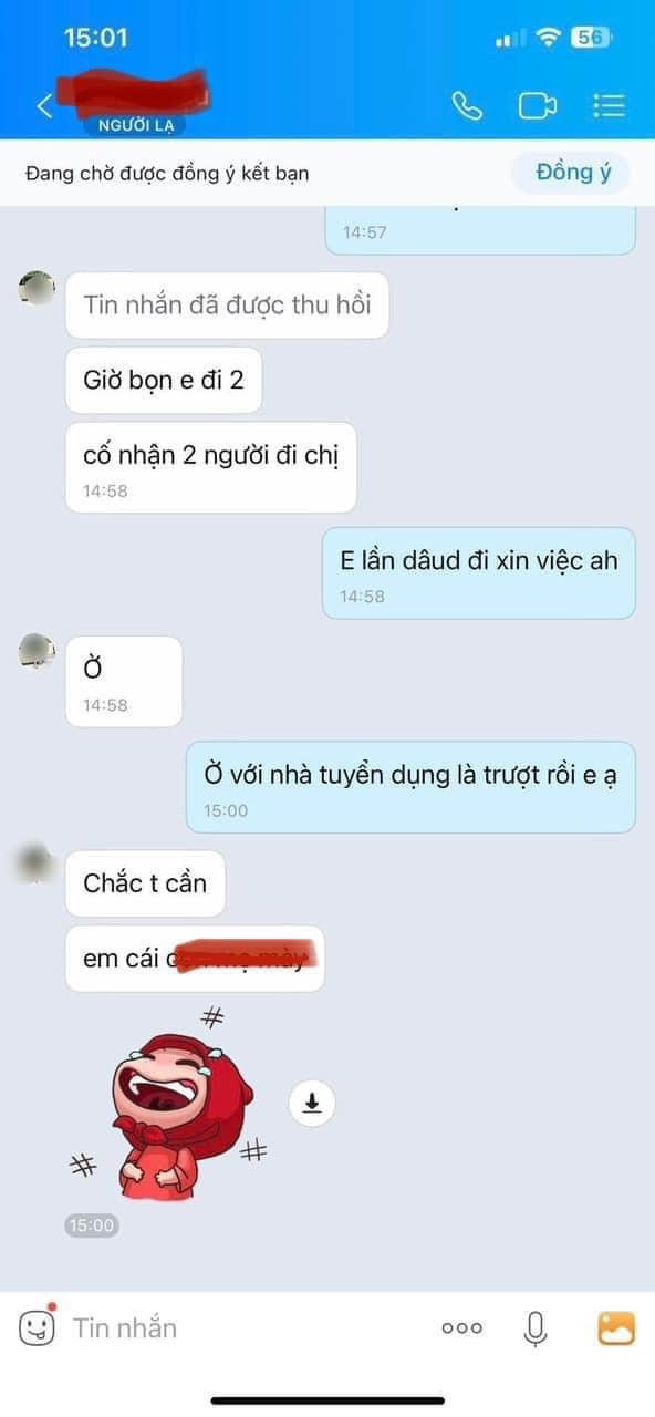 Theo đó, cô gái trẻ đi xin việc nhắn tin với người tuyển dụng xin cho 2 người làm, vì "giờ bọn em đi 2 người". Khi được hỏi lại "em lần đầu đi xin việc à", cô gái trẻ trả lời cụt lủn "ờ".