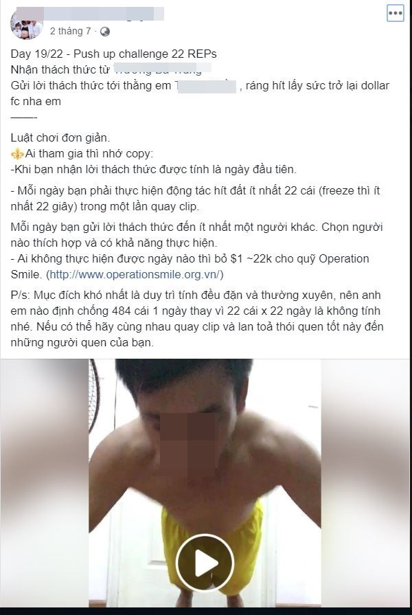 Nhiều video chống đẩy được chia sẻ trên mạng xã hội kèm lời thách đố bạn bè tham gia thử thách hít đất 22 cái trong 22 ngày liên tiếp.