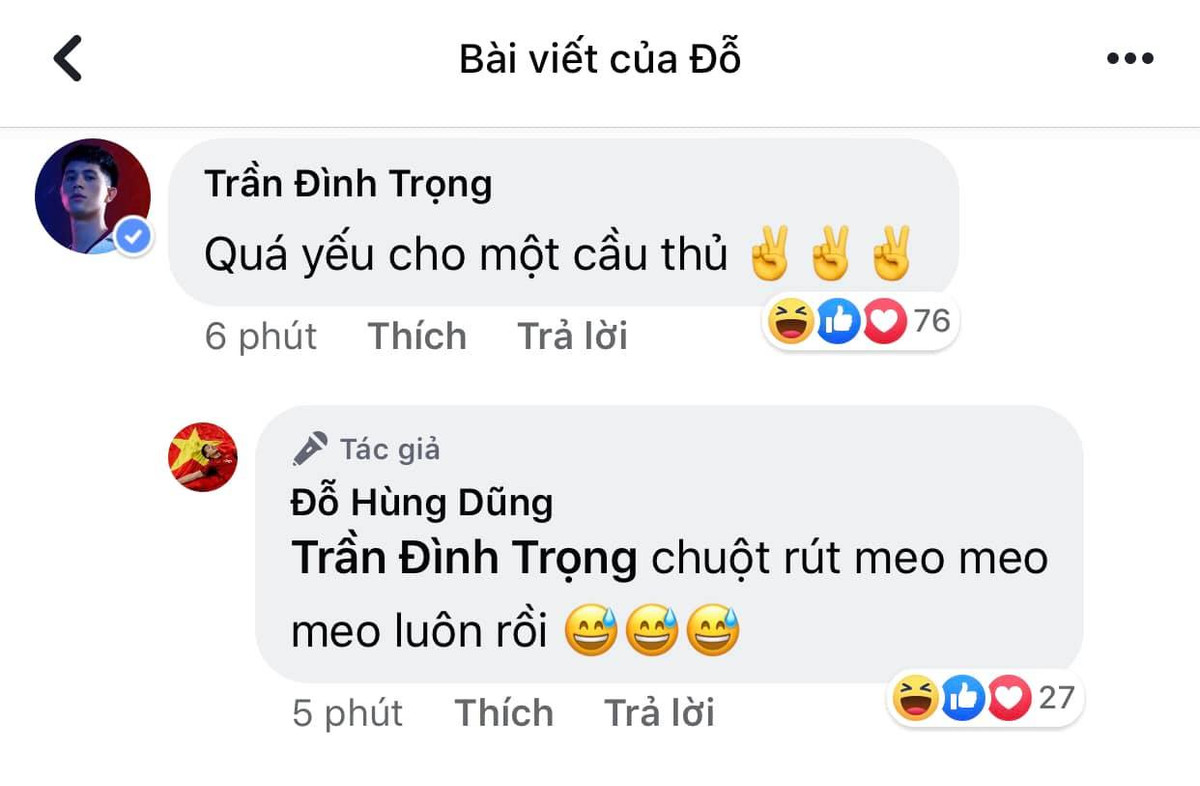 Trọng "sơ-vin" cũng góp vui khi Đỗ Hùng Dũng đăng tải bài viết cảm ơn trên trang cá nhân.