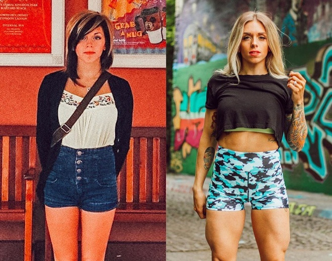 "Tôi 29 tuổi (hình phải) so với tôi của năm 20 tuổi. Dù nặng cân hơn, cơ bắp hơn nhưng đó không phải là điều đáng bận tâm, quan trọng là tôi cảm thấy thích cơ thể hiện tại của mình", tài khoản @lady_g_fit có hơn 180.000 follower viết. Ảnh: @lady_g_fit.