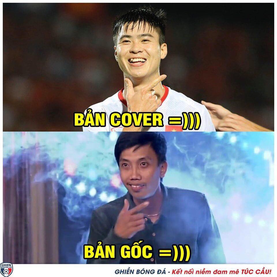 Nụ cười tươi của Mạnh "Gắt" ăn mừng sau khi ghi bàn là cảm hứng cho nhiều bức ảnh chế bóng đá của CĐM.