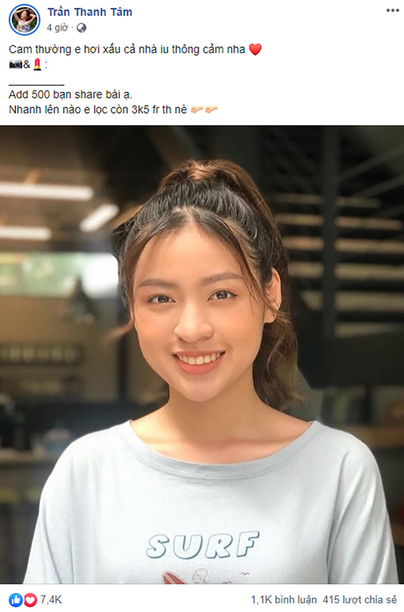 Trên trang cá nhân, Thanh Tâm cũng tự tin đăng tải một tấm hình mà cô cho là mặt mộc, không qua chỉnh sửa. "Cam thường em hơi xấu cả nhà thông cảm nha" - Hot girl thanh minh về việc có ngoại hình kém xinh.