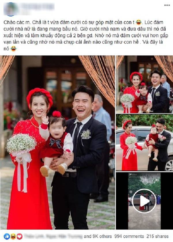 Mới đây, cộng đồng mạng rủ nhau chia sẻ bài đăng về đám cưới của một cặp đôi với sự xuất hiện của vị khách mời đặc biệt là đứa con bé bỏng của hai vợ chồng. Ngoài nhan sắc nổi bật của cô dâu và chú rể, điều khiến cộng đồng mạng đặc biệt quan tâm đó chính là biểu cảm siêu cấp đáng yêu của cô con gái. Bé gái luôn trong trạng thái háo hức, tươi cười rạng rỡ và có hành động vỗ tay như để kêu gọi mọi người chung vui đám cưới cùng gia đình nhỏ của mình.
