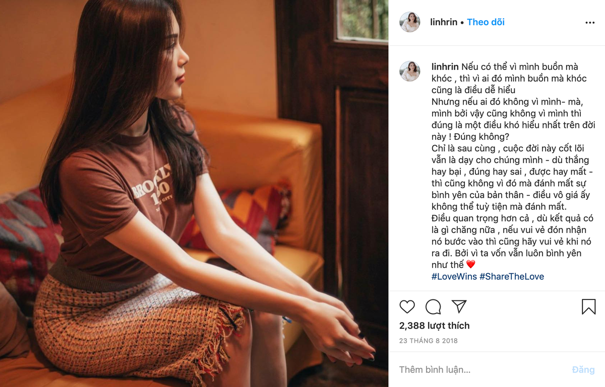 Mới đây, Linh Rin bất ngờ xóa toàn bộ ảnh trên trang Instagram cá nhân chỉ để lại duy nhất một tấm hình kèm với những dòng tâm sự buồn bã, đầy ẩn ý về việc tình cảm, lòng tin tan vỡ.