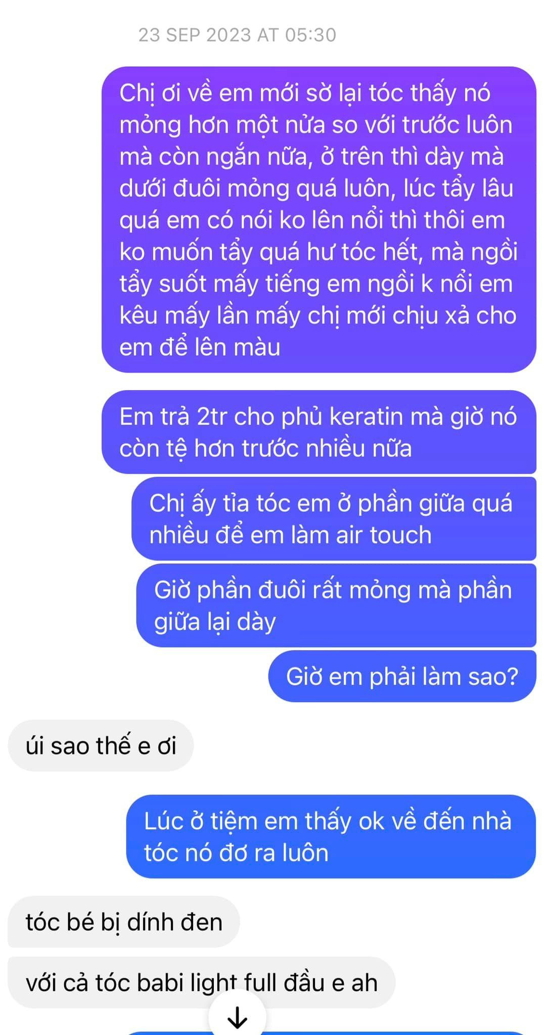 "Shop không hề nói với mình là không nhuộm được màu như hình, cứ báo giá phát là nhảy vô làm, làm nửa chừng mình có nói nếu không làm được màu đó mình có thể đổi màu như mấy chị nhất quyết đè đầu mình ra tẩy, vừa đau đầu vừa đau đít mà cái tóc thì nát, đêm đó về ngủ không được luôn." - cô gái chia sẻ về tình trạng khi làm tóc.