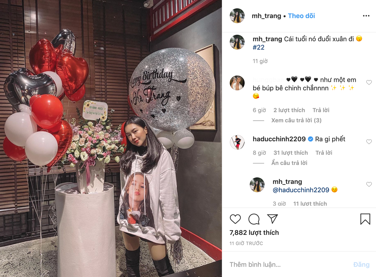 Bên dưới tấm hình Hà Trang đăng tải lên mạng xã hội để tự chúc mừng sinh nhật bản thân, Hà Đức Chinh cũng vào dành lời khen "Ra gì phết" cho bạn gái.