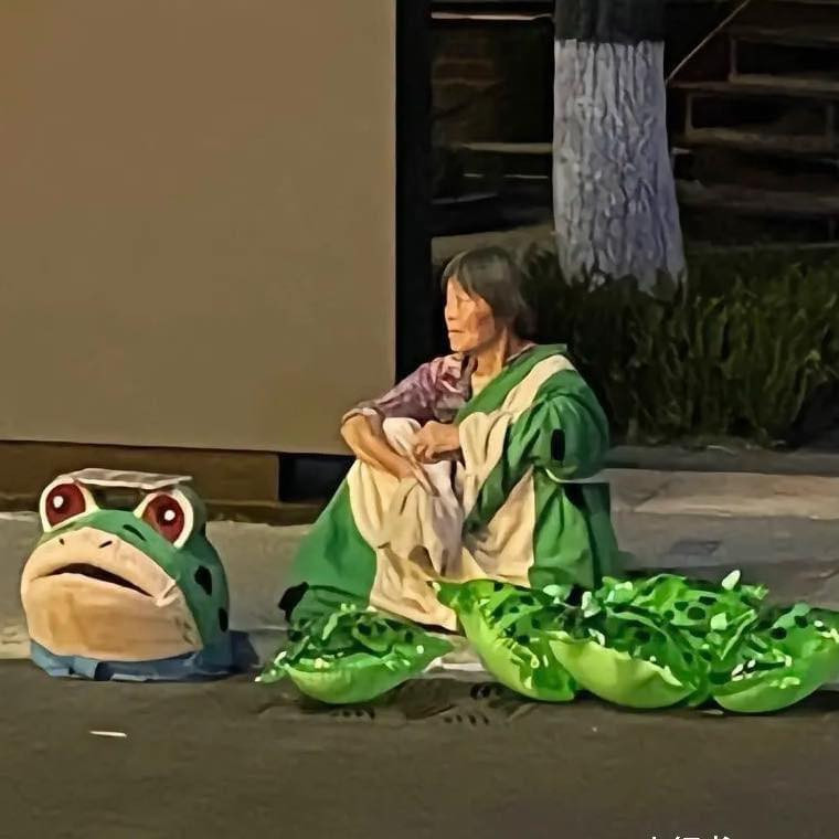 Dưới bộ đồ mascot chú ếch dễ thương đang hot gần đây là một cụ bà đã lớn tuổi. Mặc bộ đồ với chất liệu nóng nực như vậy cả ngày là điều không hề dễ dàng tí nào.