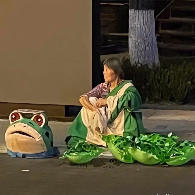 Dưới bộ đồ mascot chú ếch dễ thương đang hot gần đây là một cụ bà đã lớn tuổi. Mặc bộ đồ với chất liệu nóng nực như vậy cả ngày là điều không hề dễ dàng tí nào.
