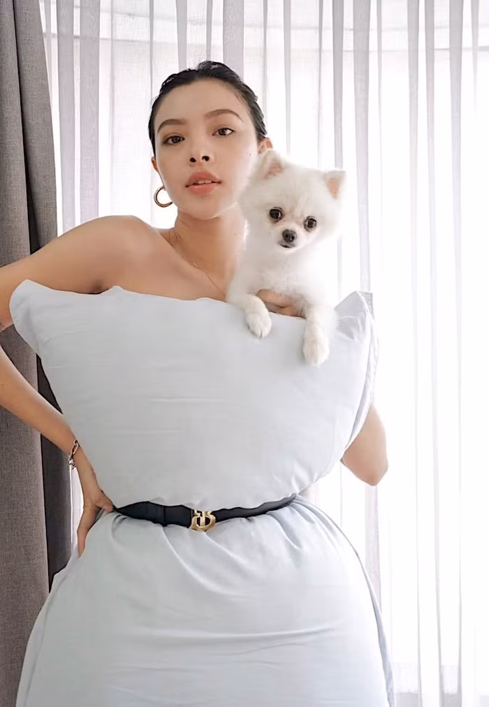 Tú Hảo lựa chọn chiếc gối quá khổ nhưng cô vẫn nhận được lời khen với gương mặt sáng, lôi cuốn cùng bạn diễn là chú cún cưng.