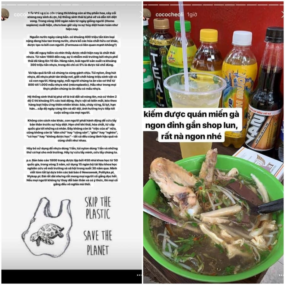 Lần khác, Cococheoli đăng tải story khuyên mọi người sống xanh. Sau đó không lâu, cô nàng lại up ảnh dùng cốc nhựa takeaway.