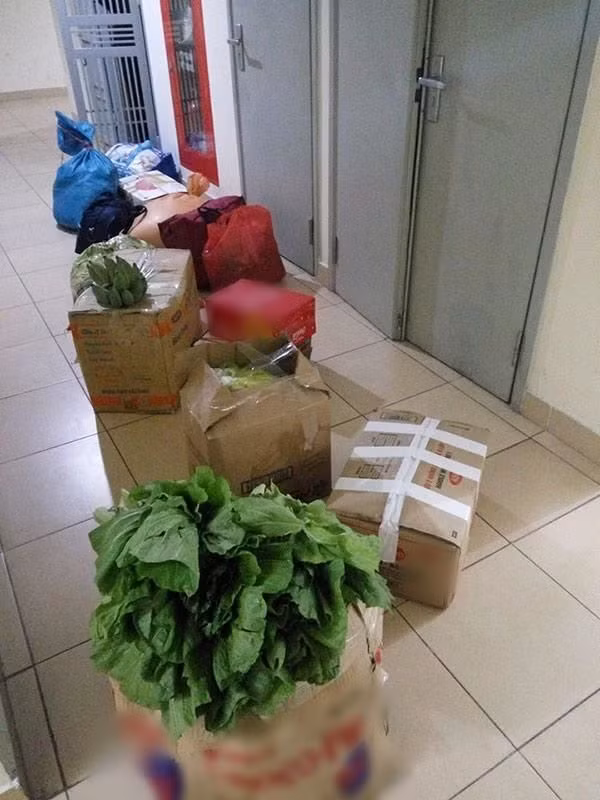 Những thùng đồ ăn được bố mẹ bọc cẩn thận giao cho con. Rau củ là thường thôi, thậm chí nhiều người còn tay xách nách mang cả gà, vịt, thịt lợn từ quê lên.