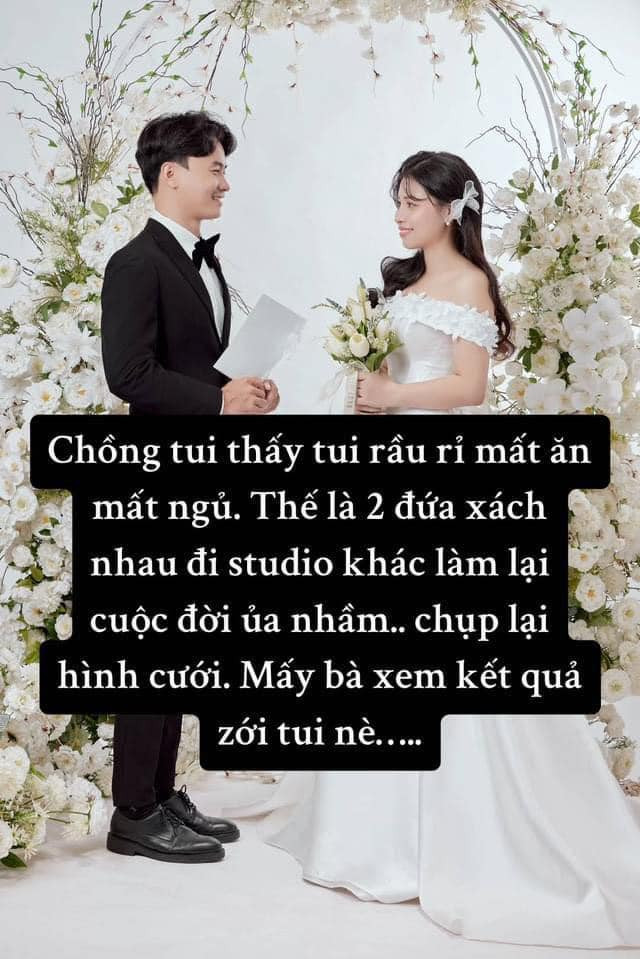 Thấy vợ rầu nên anh chồng đã phải đưa vợ đi chụp lại bộ hình khác.