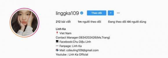 Mới đây, trang Instgram của Linh Ka đã chạm mốc 1 triệu người theo dõi. Đây là con số mà nhiều hot girl, hot boy mong ước.