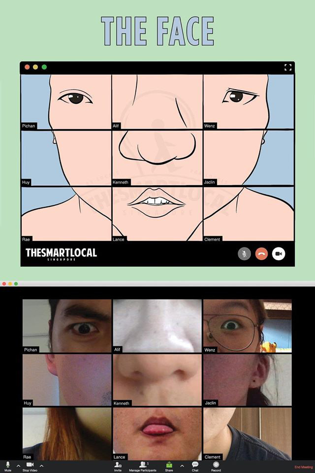 Lợi dụng các khung chat camera trong ứng dụng, nhóm bạn này đã thực hiện bộ ảnh bằng cách sắp xếp các hành động của từng thành viên trước camera để tạo thành một hình khối lớn hoàn chỉnh ghép từ các khung camera nhỏ.