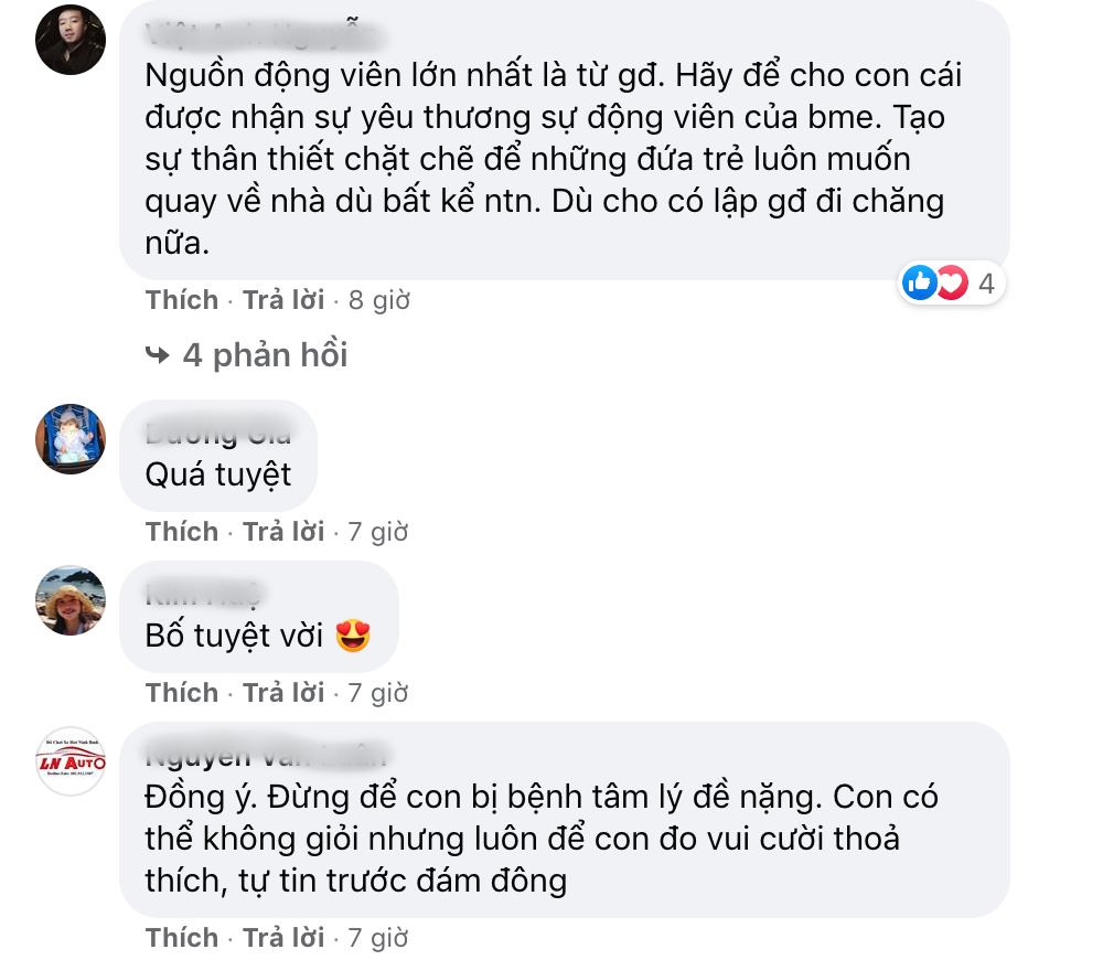 Ý tưởng độc đáo của anh N.N đã được cư dân mạng hưởng ứng nhiệt tình và dành nhiều lời khen ngợi : "Quá đáng yêu và sáng tạo! Chúc gia đình và các bé luôn vui vẻ và hạnh phúc", "Hay đấy cụ, 1 cách động viên các con tiếp tục cố gắng" - dân mạng bình luận.