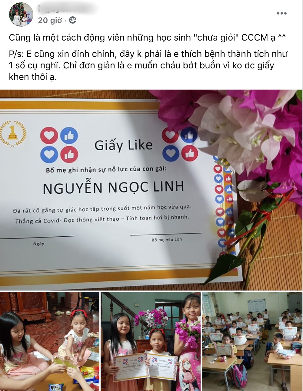 Vị phụ huynh nghĩ ra ý tưởng này là anh N.N. "Giấy like" độc đáo bắt nguồn từ mong muốn động viên con không cần quá buồn và áp lực chuyện giấy khen ở trường khi trước đó cô con gái cả đã hỏi anh :"Bố mẹ ơi, năm nay con không được giấy khen, bố mẹ có buồn không?".