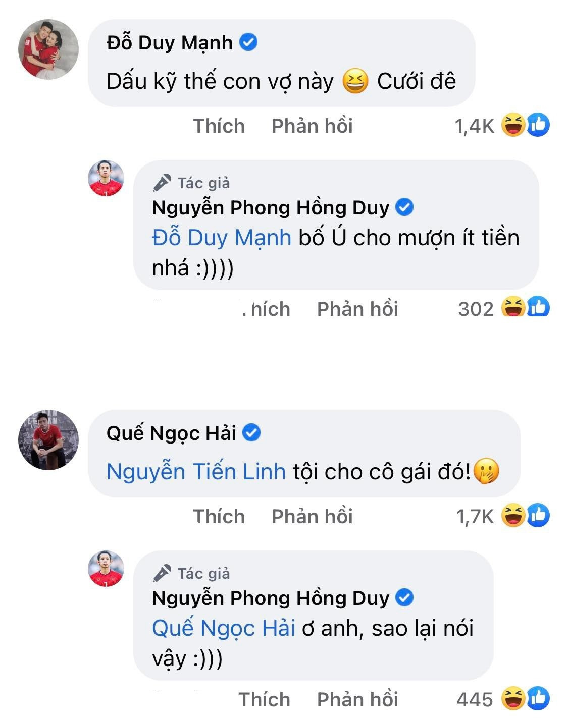 Dưới phần bình luận 1 bức ảnh Hồng Duy đăng ảnh với người yêu, dàn cầu thủ của đội tuyển bóng đá Việt Nam đã vào trêu ghẹo nam cầu thủ.