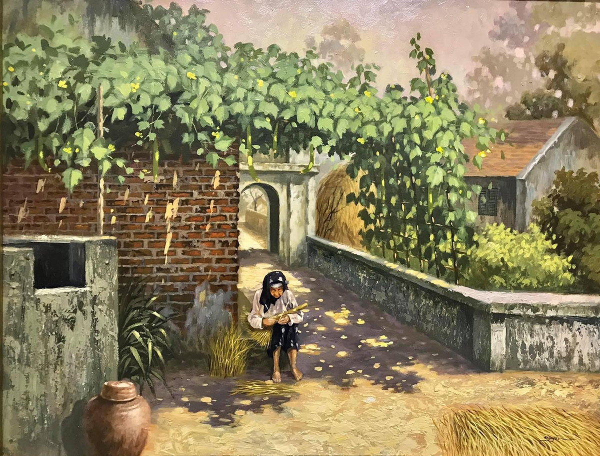 Hỉnh ảnh cụ già đầu ngõ ngồi đan rạ làm chổi cực quen thuộc.