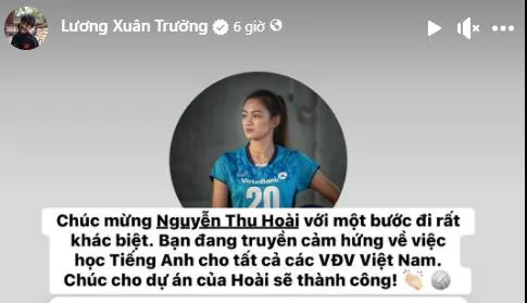 Danh tính của cô gái được tag tên trong story của tiền vệ Xuân Trường là Nguyễn Thu Hoài - người từng đoạt giải hoa khôi bóng chuyền của tuyển bóng chuyền nữ Việt Nam. Xuân Trường cập nhật: "Chúc mừng Nguyễn Thu Hoài với một bước đi rất khác biệt. Bạn đang truyền cảm hứng về việc học tiếng Anh cho tất cả các VĐV Việt Nam. Chúc cho dự án của Hoài sẽ thành công"