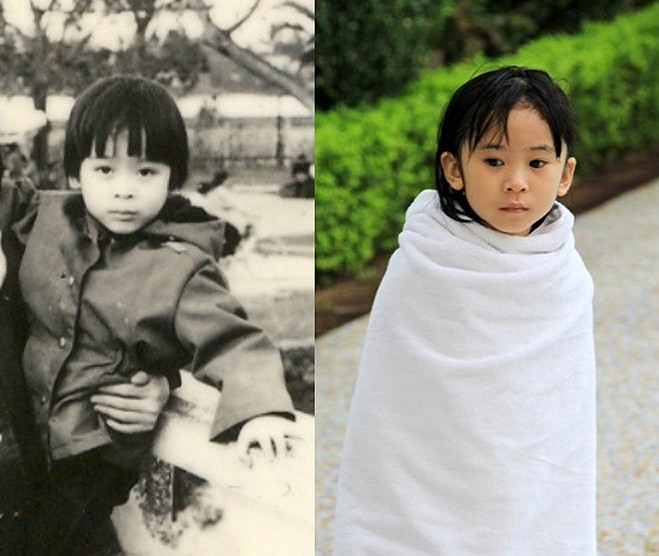 Ảnh ngày nhỏ của bố và ảnh của con hiện tại, như dùng máy photocopy.